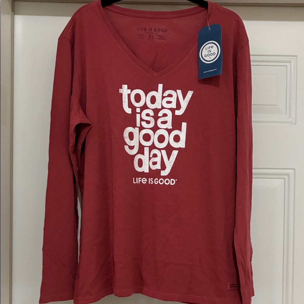 Life Is Good Women's Long Sleeve V-Neck Tee in Red with White Graphic